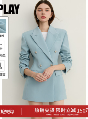 DPLAY蓝色翻领双排扣西装女2026年春季新款收腰通勤时尚气质外套
