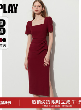DPLAY夏季方领红色连衣裙气质复古红裙短袖女回门服礼服订婚长裙