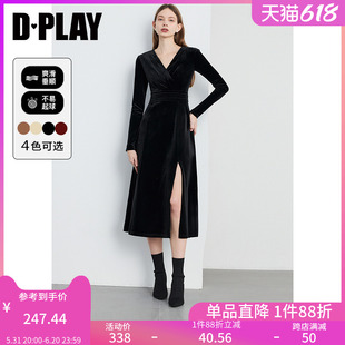 名媛气质丝绒礼服裙小黑裙连衣裙 DPLAY春法式 风V领长袖