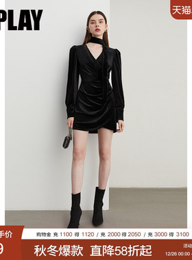 DPLAY2025年秋季法式复古黑色连衣裙女V领丝绒千金风收腰中长裙