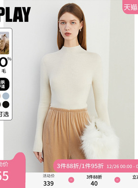 DPLAY秋季气质通勤白色半高圆领可机洗羊毛100羊毛针织打底衫