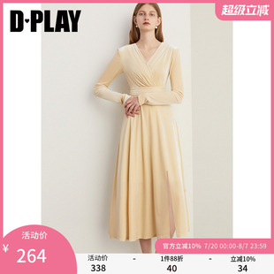 米白色美背方领侧开衩连衣裙轻礼服 DPLAY冬新法式