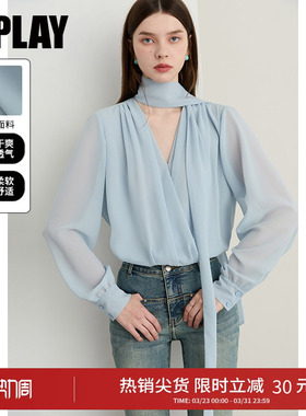DPLAY2026春季新款蓝色衬衫高级气质雪纺衬衣蝴蝶结飘带女长袖