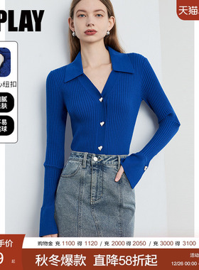DPLAY2025秋季新款气质蓝色上衣女法式修身针织衫开衫长袖毛衣
