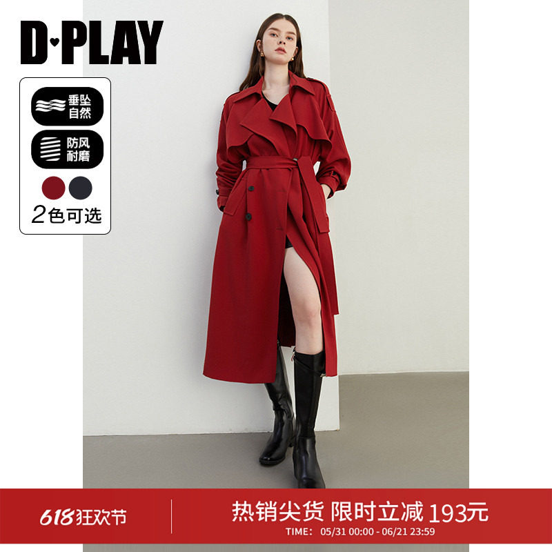 DPLAY2026年春季新款气质红色风衣女翻领双排扣中长款宽松外套