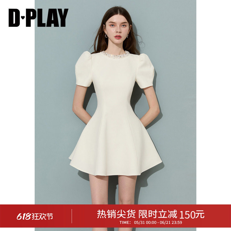 DPLAY【千金礼服】白色连衣裙气质重工钉珠短裙2026年夏季小白裙