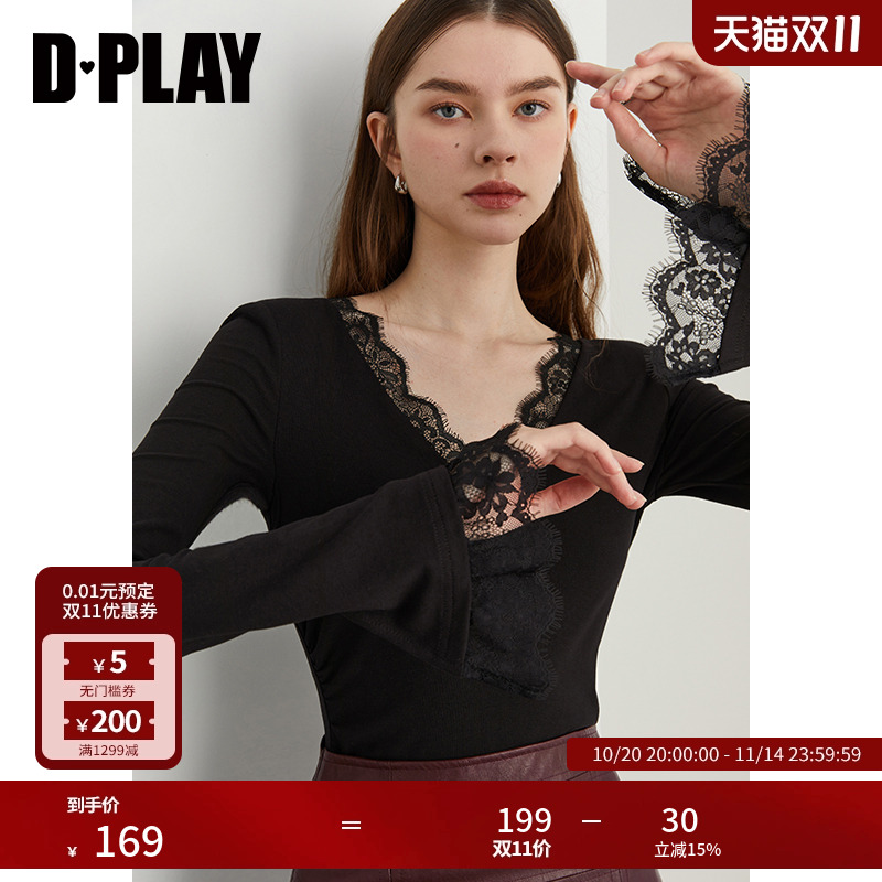 DPLAYV领正肩拼接蕾丝小衫