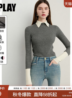DPLAY【云朵针织】假两件翻领打底衫秋冬灰色针织衫女含羊毛上衣