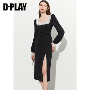 DPLAY秋装新经典黑优雅撞色蕾丝花边U型领抽褶侧开衩连衣裙