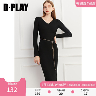 季 秋装 新品 通勤ol经典 螺纹针织连衣裙 DPLAY 黑色V领修身 惠品