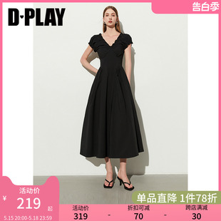 黑色法式 V领芭蕾舞气质短袖 新款 DPLAY2024夏季 连衣裙微胖小黑裙女