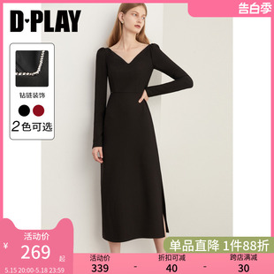 黑V领闪钻连衣裙小黑裙轻礼服 DPLAY新法式 优雅赫本风经典