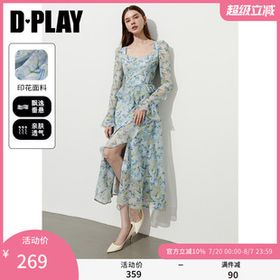 DPLAY2025年春季 新款 蓝色连衣裙女法式 雪纺海边度假裙子长裙长袖