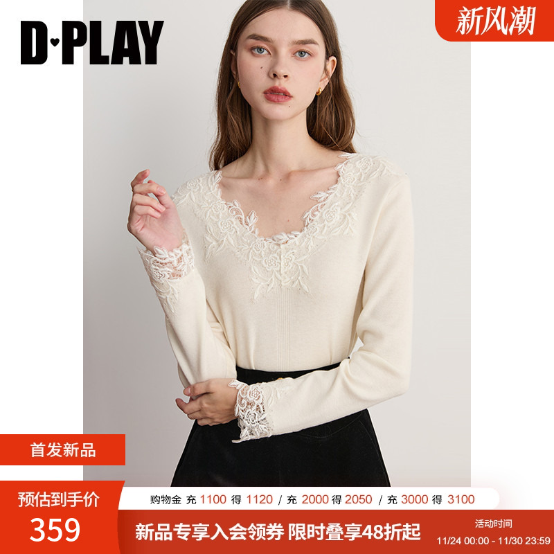 DPLAY2025年冬季新款白色V领针织衫蕾丝100羊毛打底衫上衣