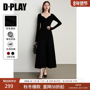 DPLAY2025冬季新款黑色针织连衣裙法式高级修身长裙长款裙子女