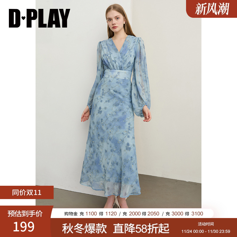 宽腰节,领口交叉v领,腰节、肩部抽褶