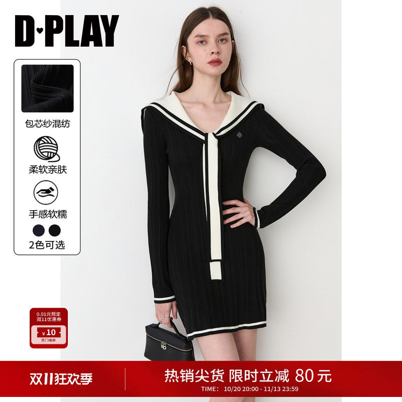 DPLAY黑色海军领针织连衣裙收腰长袖连衣裙2026冬季新款内搭裙子