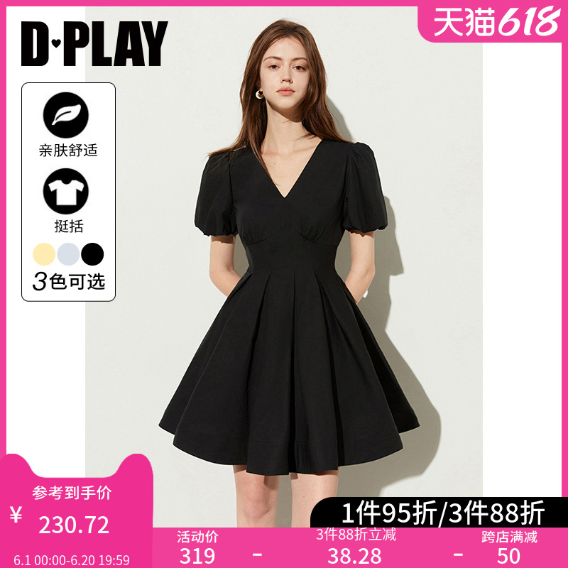 DPLAY2024夏季气质法式风黑色V领花苞袖百褶裙短裙连衣裙女