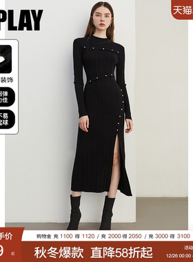 DPLAY2025冬季气质黑色连衣裙毛衣裙针织连衣裙设计感显瘦长裙女