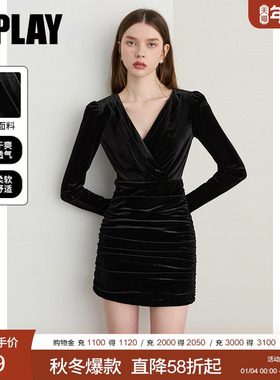 DPLAY【小黑裙系列】2025秋冬黑色连衣裙V领丝绒连衣裙女礼服裙