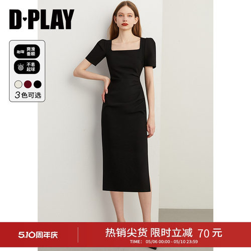 DPLAY法式方领连衣裙显瘦小黑裙