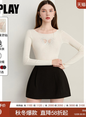 DPLAY2025秋季新款白色一字肩蝴蝶镂空针织打底衫露肩显瘦上衣