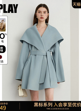 DPLAY【黑标】2025冬蓝色翻领毛呢外套100羊毛短款双面呢子大衣女