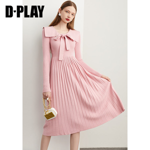 DPLAY温柔甜美花簇粉海军领收腰蝴蝶结中长款针织连衣裙