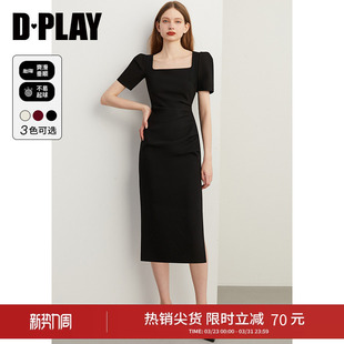 连衣裙侧开衩小黑裙女 复古方领泡泡袖 DPLAY夏季 气质法式