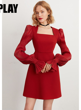 DPLAY秋季法式复古红色连衣裙女流行鎏光纱气质礼服裙订婚裙