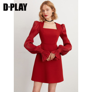 DPLAY秋季法式复古红色连衣裙女流行鎏光纱气质礼服裙订婚裙