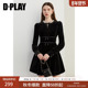 DPLAY2025秋季 黑色珍珠领丝绒连衣裙气质短款 蝴蝶结礼服小黑裙