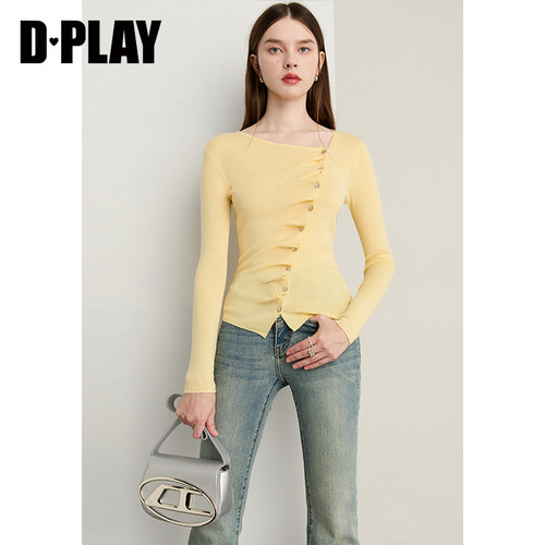 DPLAY秋季新款黄色斜领上衣女单排扣羊毛优雅时尚针织衫