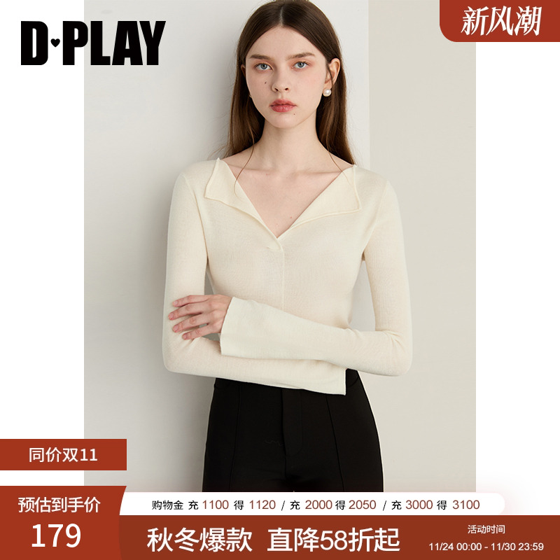 DPLAY2025年秋季新款白色针织衫女含羊毛上衣流行气质修身打底衫
