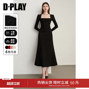 DPLAY2026春季新款黑色法式方领连衣裙长袖气质礼服小黑裙鱼尾裙