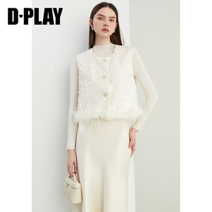 DPLAY2024秋季新中式亮片丝绒马甲国风鸵鸟毛马夹外搭短款外套女
