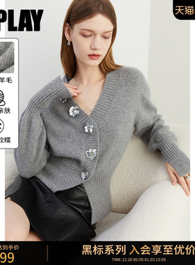 DPLAY【黑标】2025秋季灰色毛衣花朵针织开衫外套女兔毛羊毛混纺