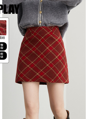 DPLAY【惠品】2025冬季红色半身裙女短款格子裙加厚呢子短裙A字裙