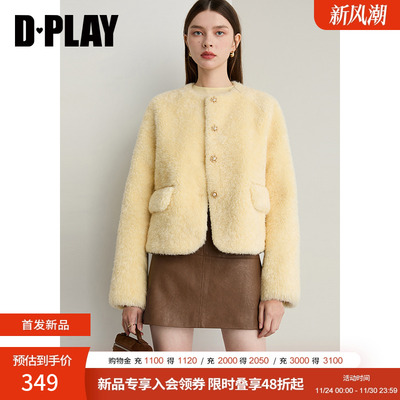DPLAY2025年冬季新款黄色仿皮草外套皮毛一体短款毛绒上衣女