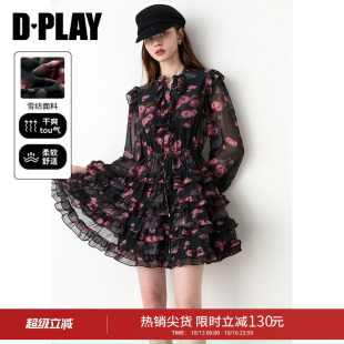 DPLAY黑色粉印花连衣裙2026秋季新款长袖雪纺收腰小个子短款裙子