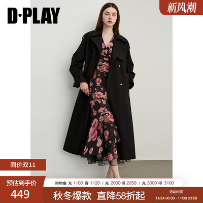 DPLAY2025年秋季新款黑色风衣外套女时尚流行大气上档次长款大衣