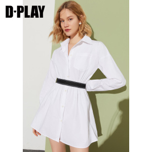 清仓DPLAY夏装法式休闲宽松撞色橡筋收腰长袖白色衬衫连衣裙