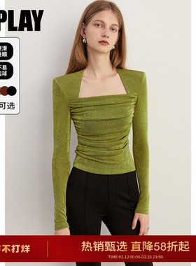 DPLAY2025年秋季新款法式气质绿色上衣直角肩女修身t恤小衫