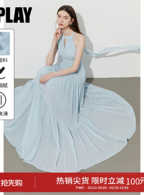 DPLAY【度假系列】夏季新款蓝色挂脖连衣裙女海边沙滩裙子