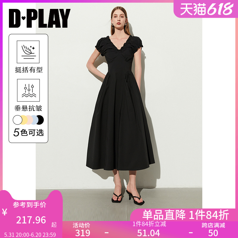 DPLAY2024夏季新款黑色法式V领芭蕾舞气质短袖连衣裙微胖小黑裙女 女装/女士精品 连衣裙 原图主图