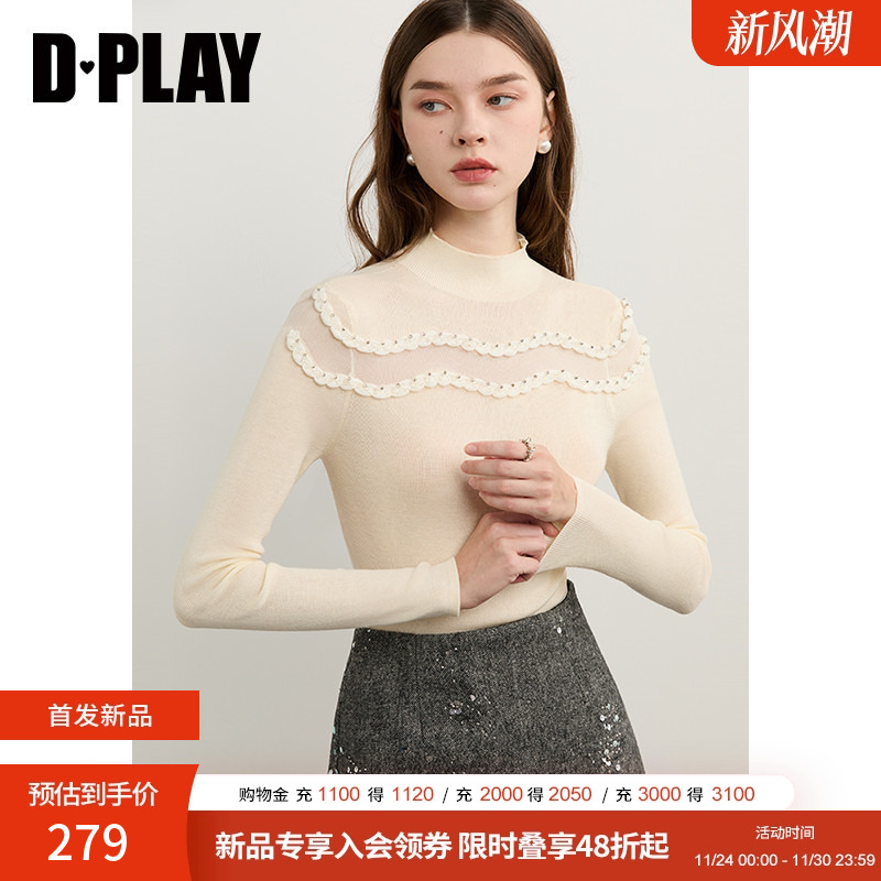 DPLAY2025年冬季新款白色针织衫女半高领亮钻网纱好看气质小衫