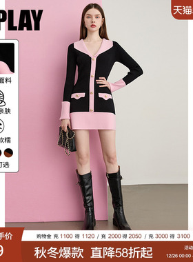 DPLAY2025年冬季新款黑色针织连衣裙女法式气质修身撞色裙子短裙