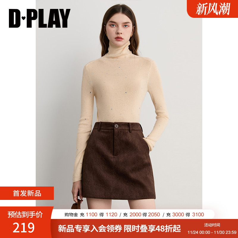 DPLAY2025年冬季新款米白色针织打底衫女高领烫钻洋气好看针织衫