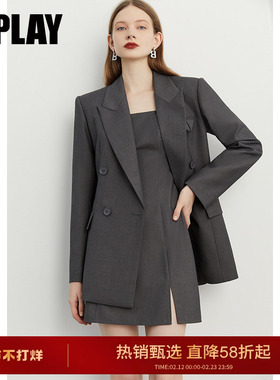 DPLAY新款简约气质ol风经典戗驳领双排喷漆扣花灰色西装外套