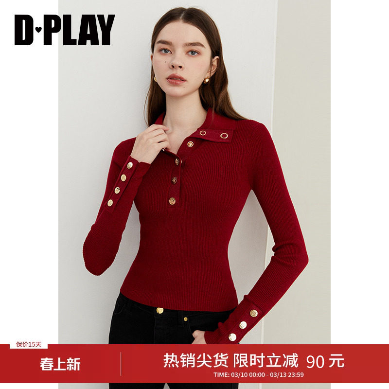DPLAY秋季新款法式红色翻领修身显瘦毛衣针织衫上衣长袖女
